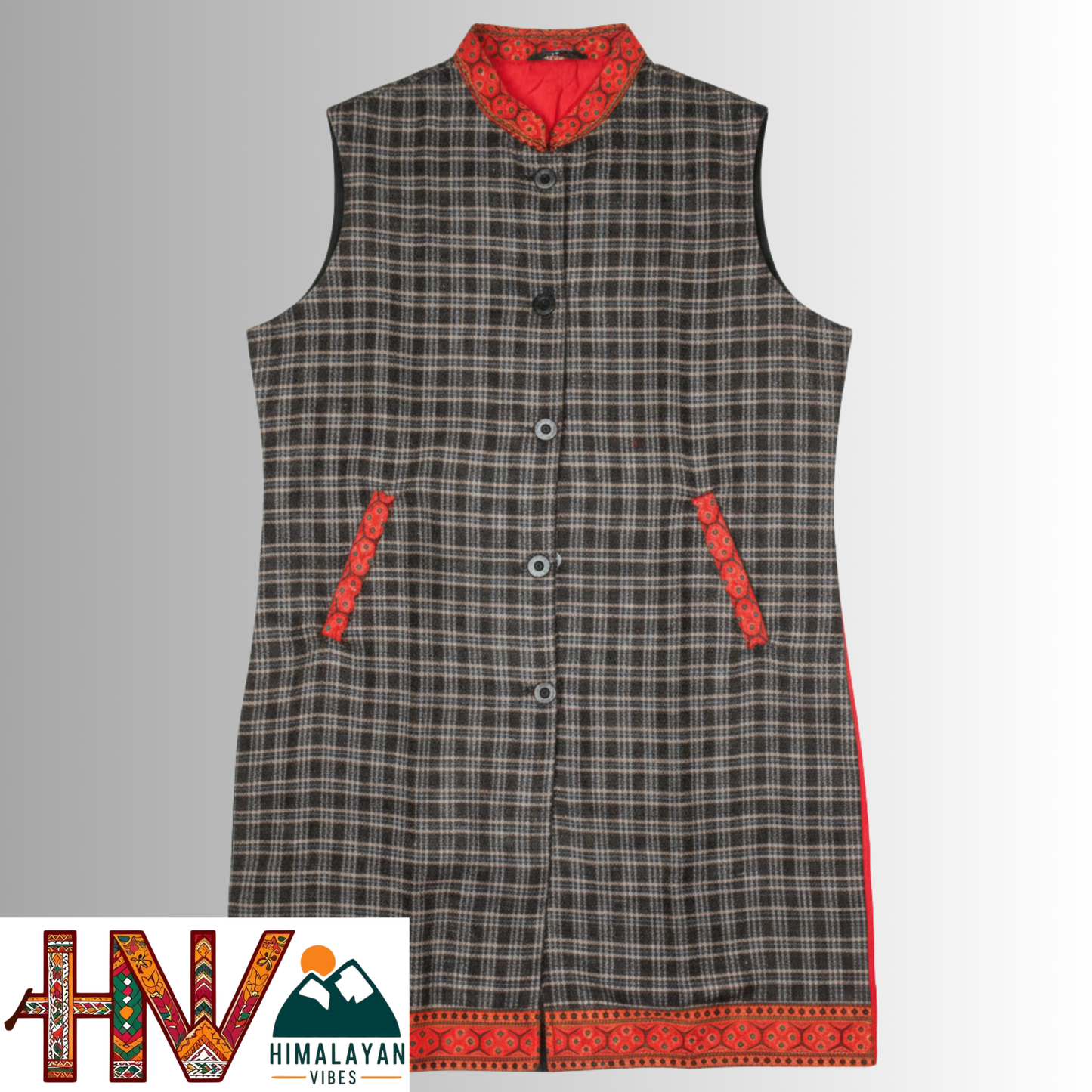 Himalayan Vibes Black Plaid Woolen Long Jacket with Kullu Patti Border