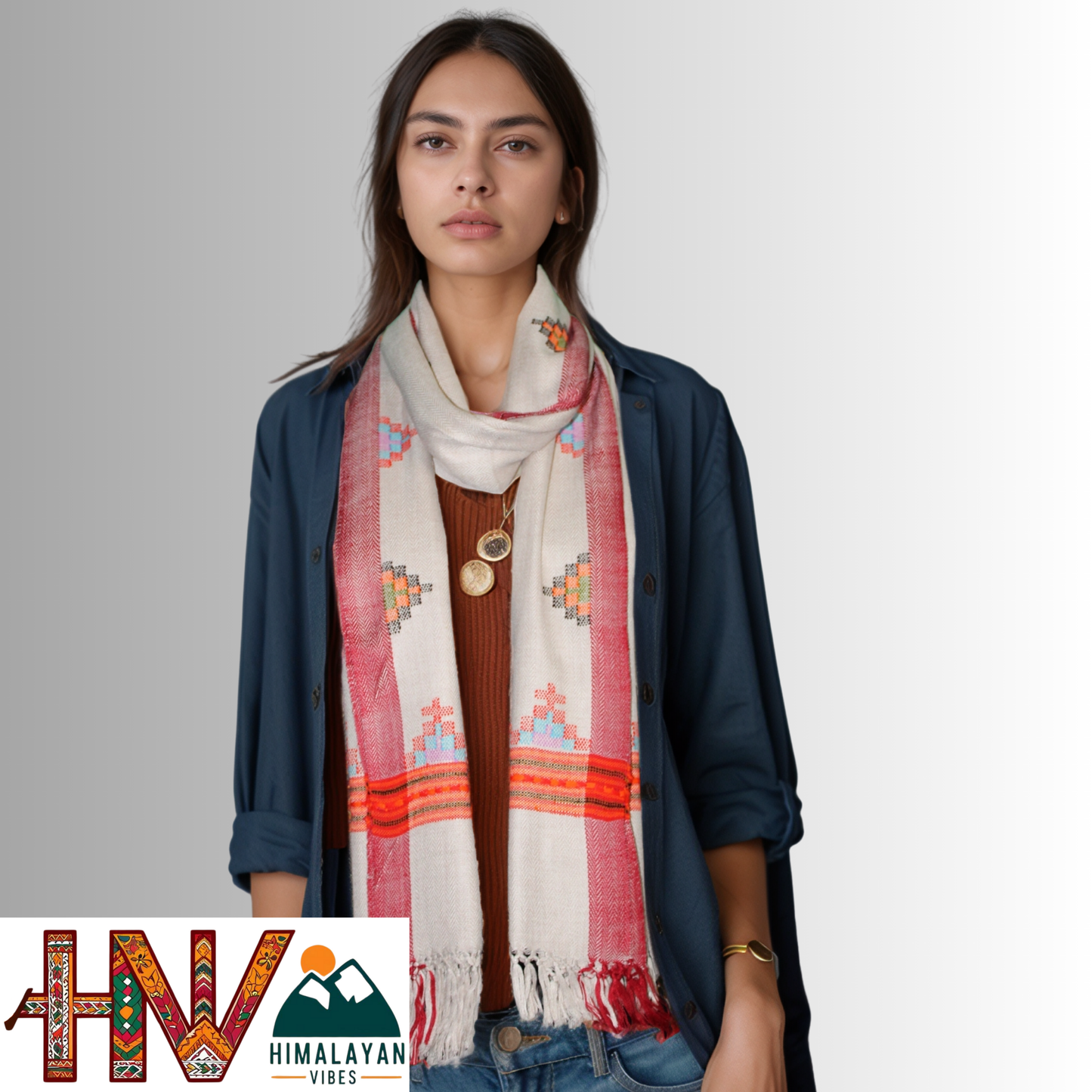 Handwoven cream Kullu Woolen Stole with Traditional Kullu Patti Geometric Motifs with red Border– Handwoven Elegance By Himalayan Vibes