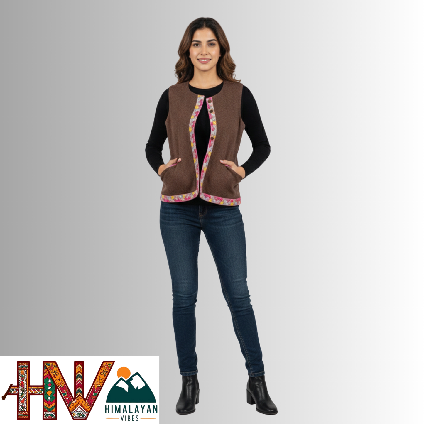 Himachali coffee brown Sadri with embroidered Lace for Women - Martin Fabric Ethnic Half Jacket with Pockets