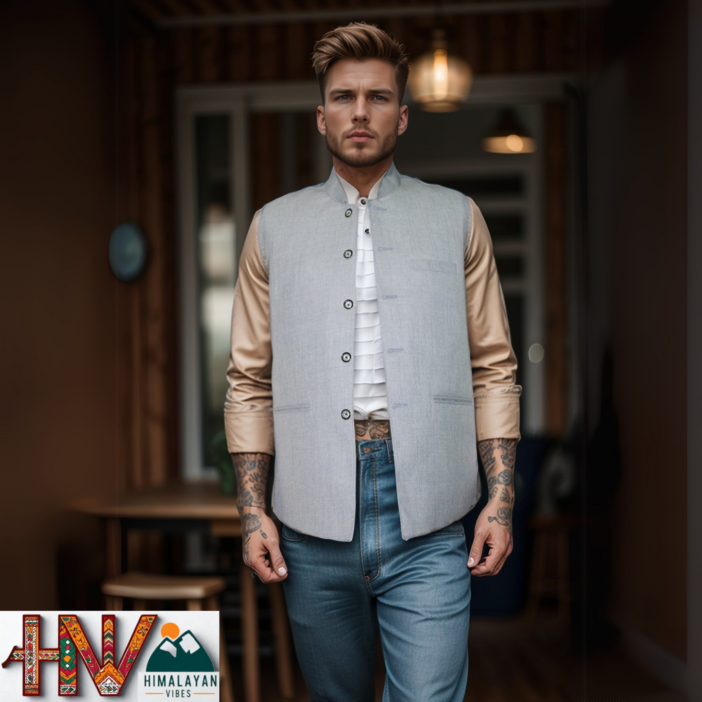 Himalayan Breeze Light Grey Sleeveless Jacket – Traditional Craft, Modern Style