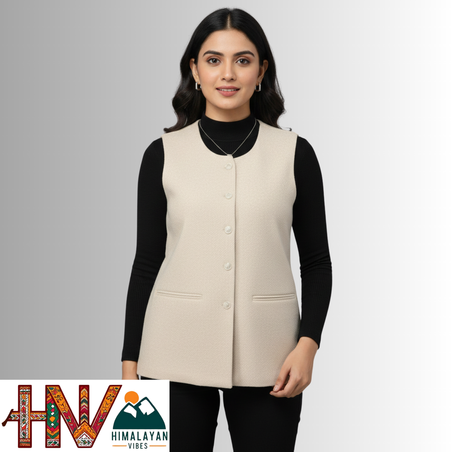 Himalayan Vibes Women's Tweed Sadri - Sleeveless Nehru Jacket in Natural Cream