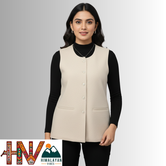 Himalayan Vibes Women's Tweed Sadri - Sleeveless Nehru Jacket in Natural Cream