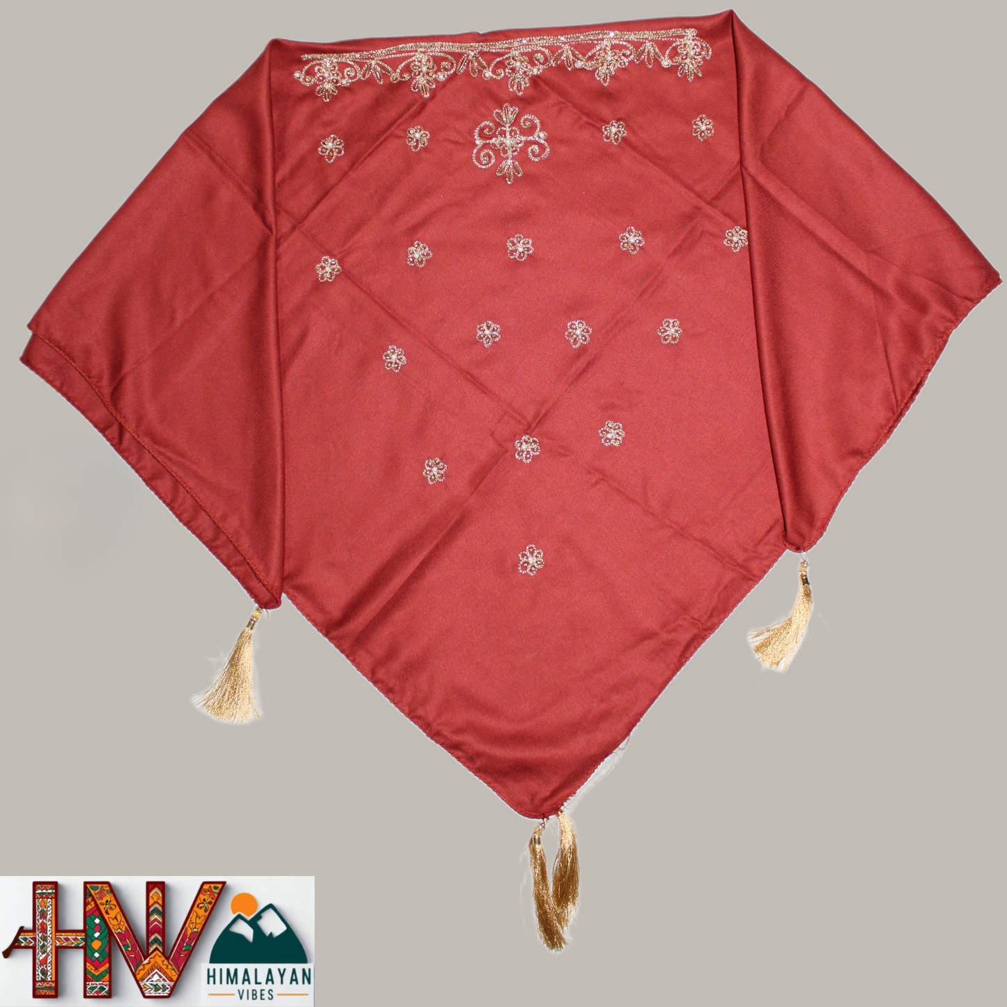Handcrafted Himachali Rust Color Dhatu with Golden Embroidery – A Unique Embroidered Head Scarf