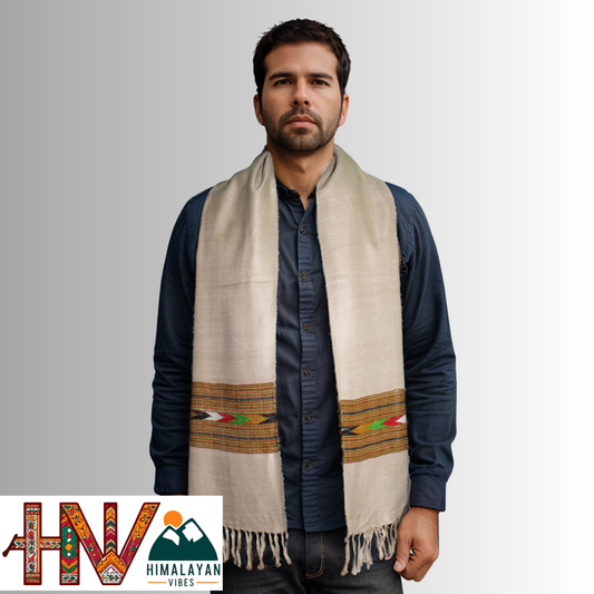 Traditional Kullu Patti Design Wool Muffler | Fawn Handloom Scarf with Earthy Geometric Strip By Himalayan Vibes