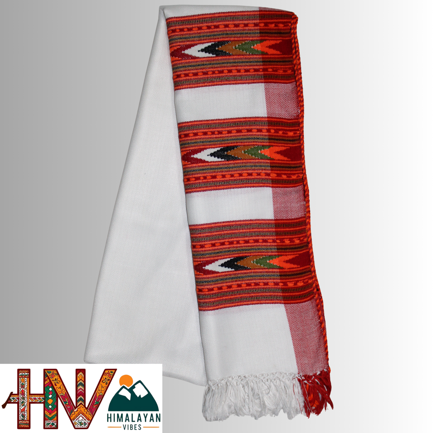 Handwoven white Kullu Woolen Stole with Traditional Kullu Patti Design in Vibrant Orange and Red Border– Handwoven Elegance By Himalayan Vibes