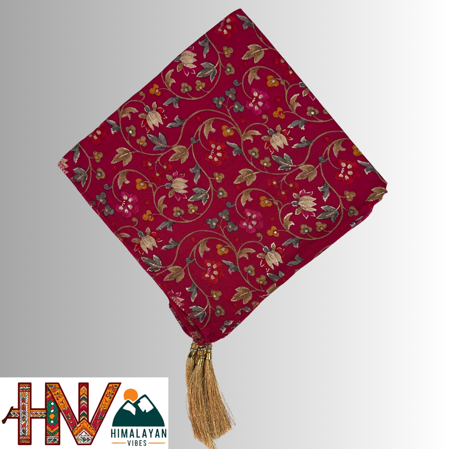 Himalayan Vibes Rani Pink Color Himachali Dhatu with Flower Print - Handcrafted Traditional Head Scarf from Himalayas