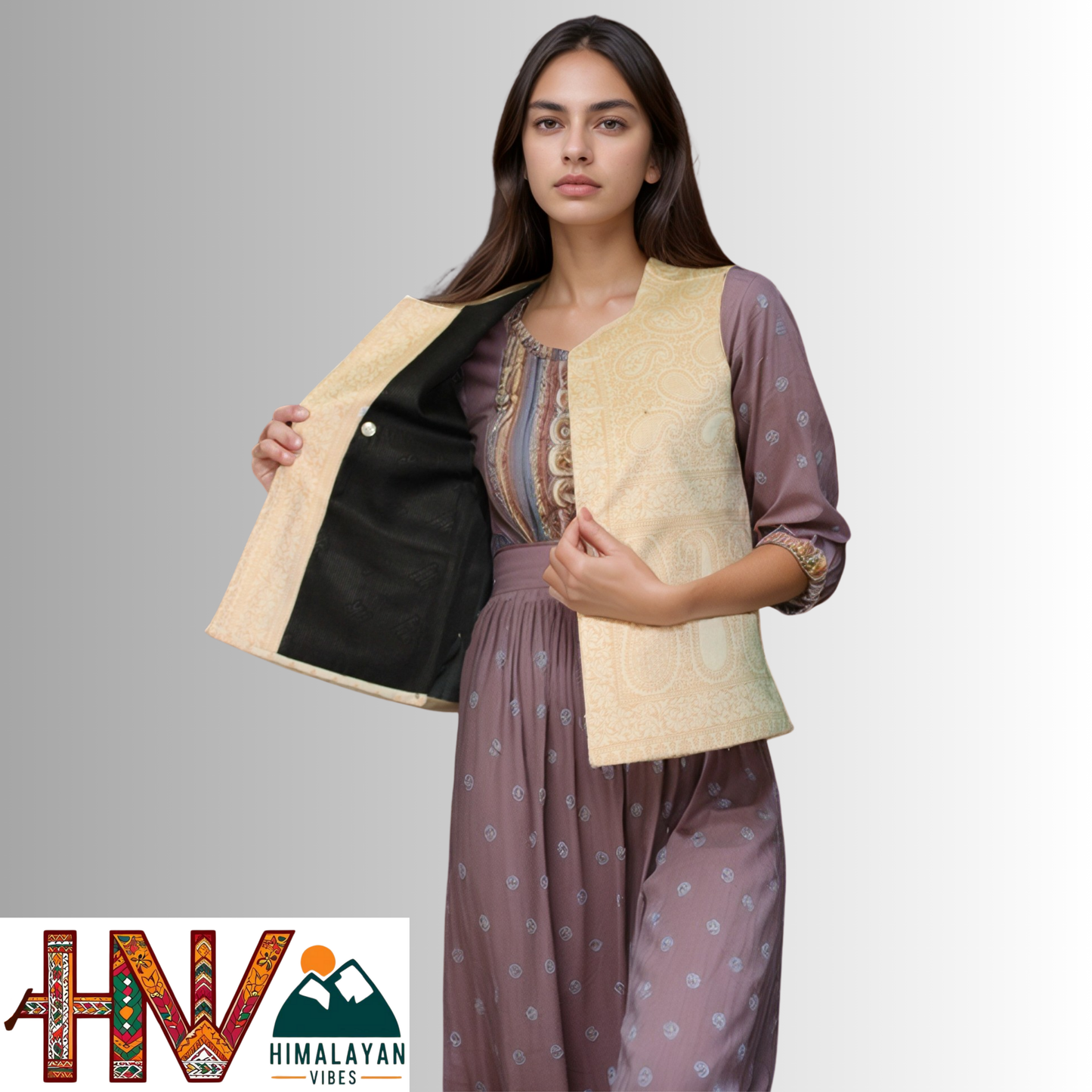 Women Pashmina Blend Cream Color Himachali Sadri with dense floral pattern – Traditional Waistcoat by Himalayan Vibes