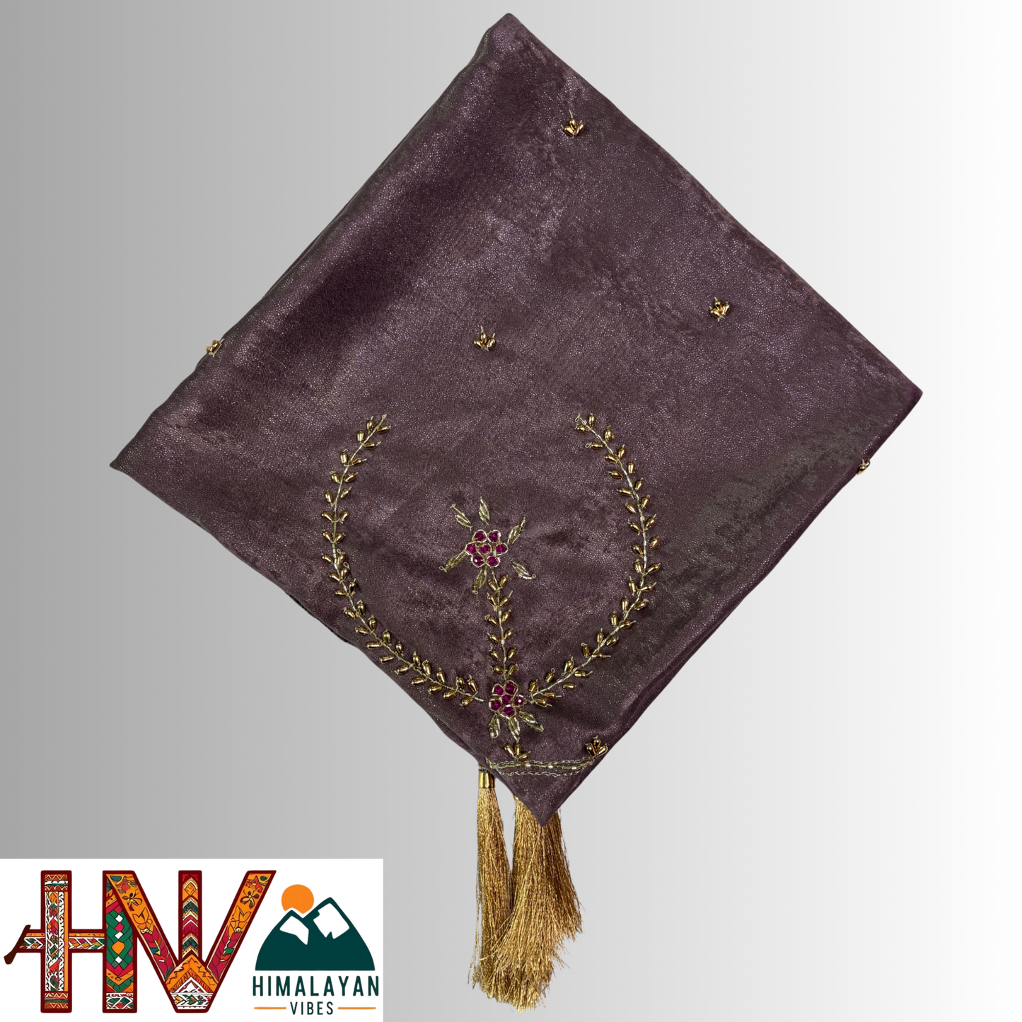 Handcrafted Himachali Dark Plum Dhatu with Golden Embroidery – A Unique Embroidered Head Scarf
