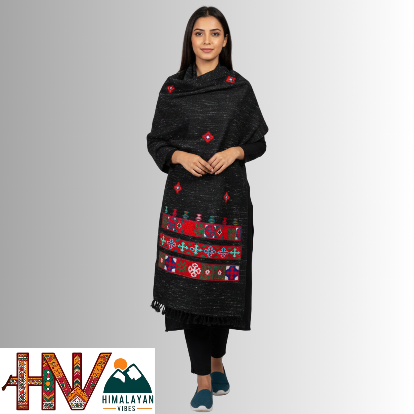 Handwoven Black Kinnauri Woolen Stole with Traditional Kinnauri Patti Geometric Motifs with red Border– Handwoven Elegance By Himalayan Vibes