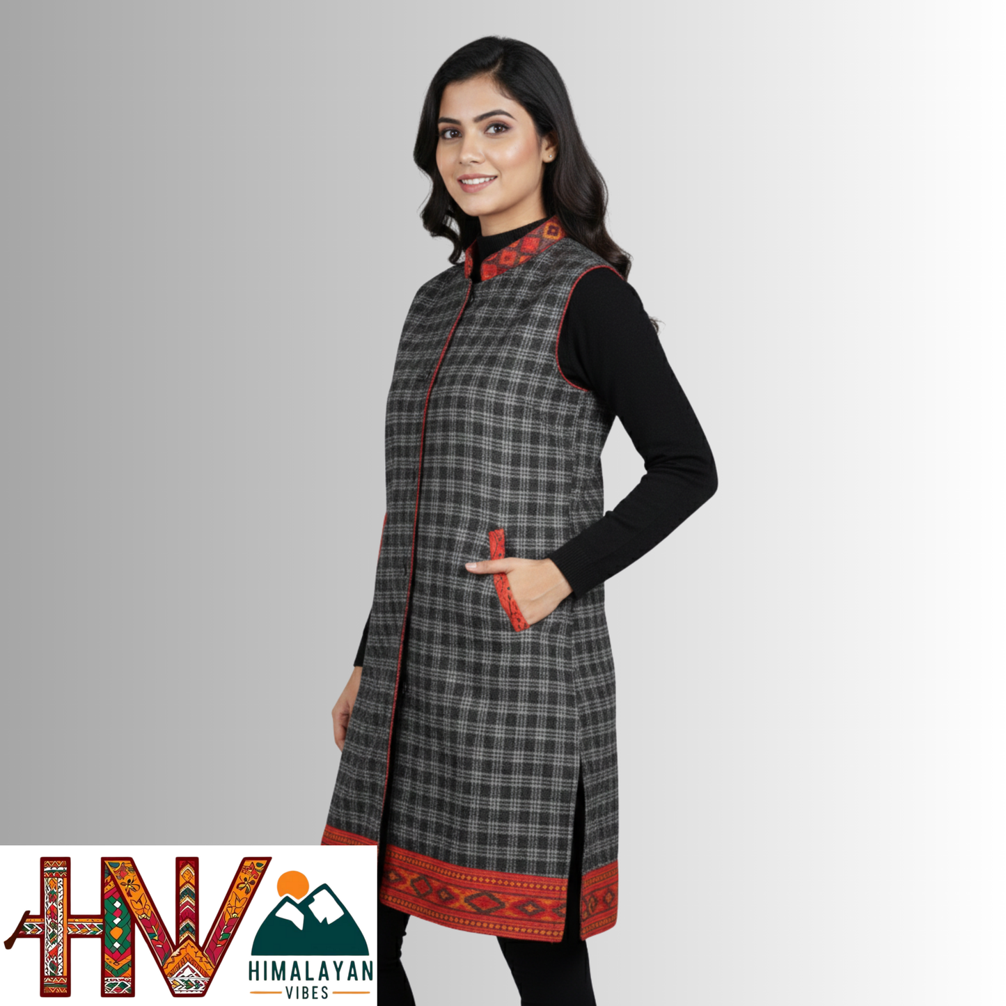 Himalayan Vibes Black Plaid Woolen Long Jacket with Kullu Patti Border