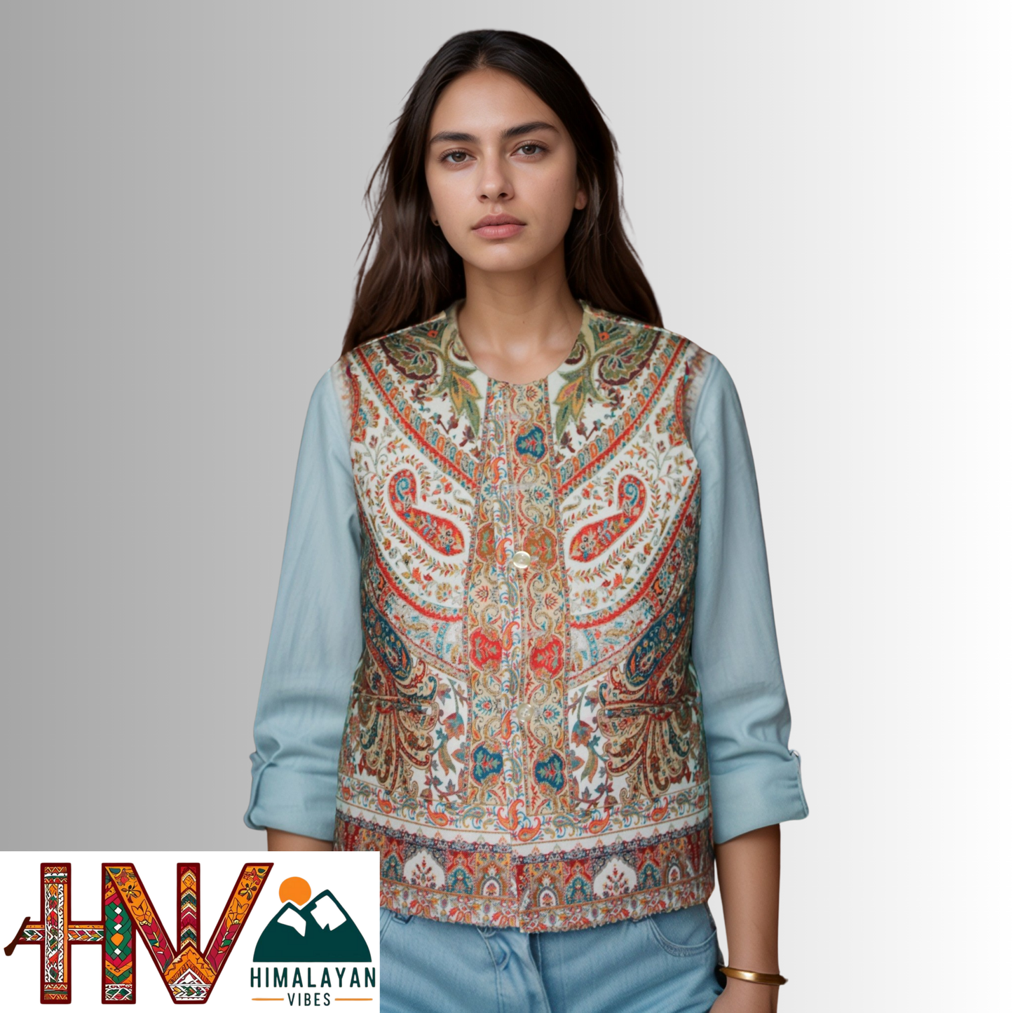 Women Pashmina Blend White Himachali Sadri – Colorful Traditional Waistcoat by Himalayan Vibes