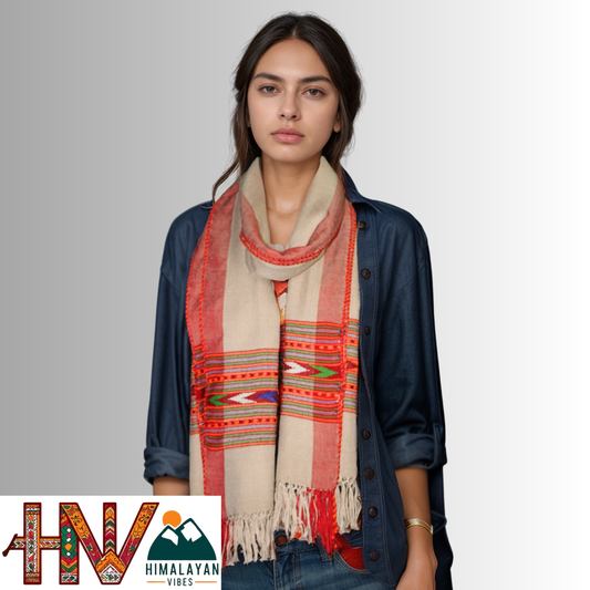 Handwoven Beige Kullu Woolen Stole a Traditional Kullu Patti Design with Red Border – Handwoven Elegance By Himalayan Vibes