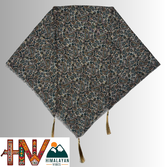 Traditional Himachali Dhatu Headscarf - Teal Floral Paisley Rayon Scarf with Tassels