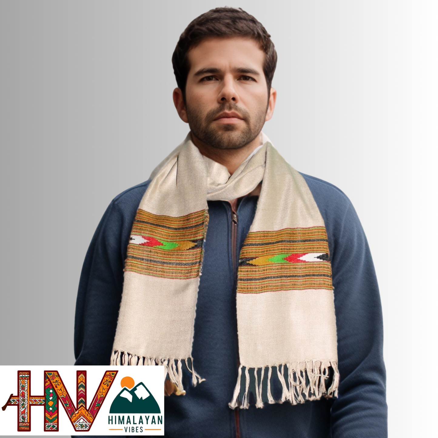 Traditional Kullu Patti Design Wool Muffler | Fawn Handloom Scarf with Earthy Geometric Strip By Himalayan Vibes