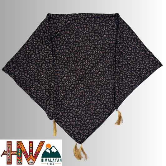 Alpine Black Color Leaf Printed Himachali Dhatu - Handcrafted Traditional Head Scarf from Himalayas