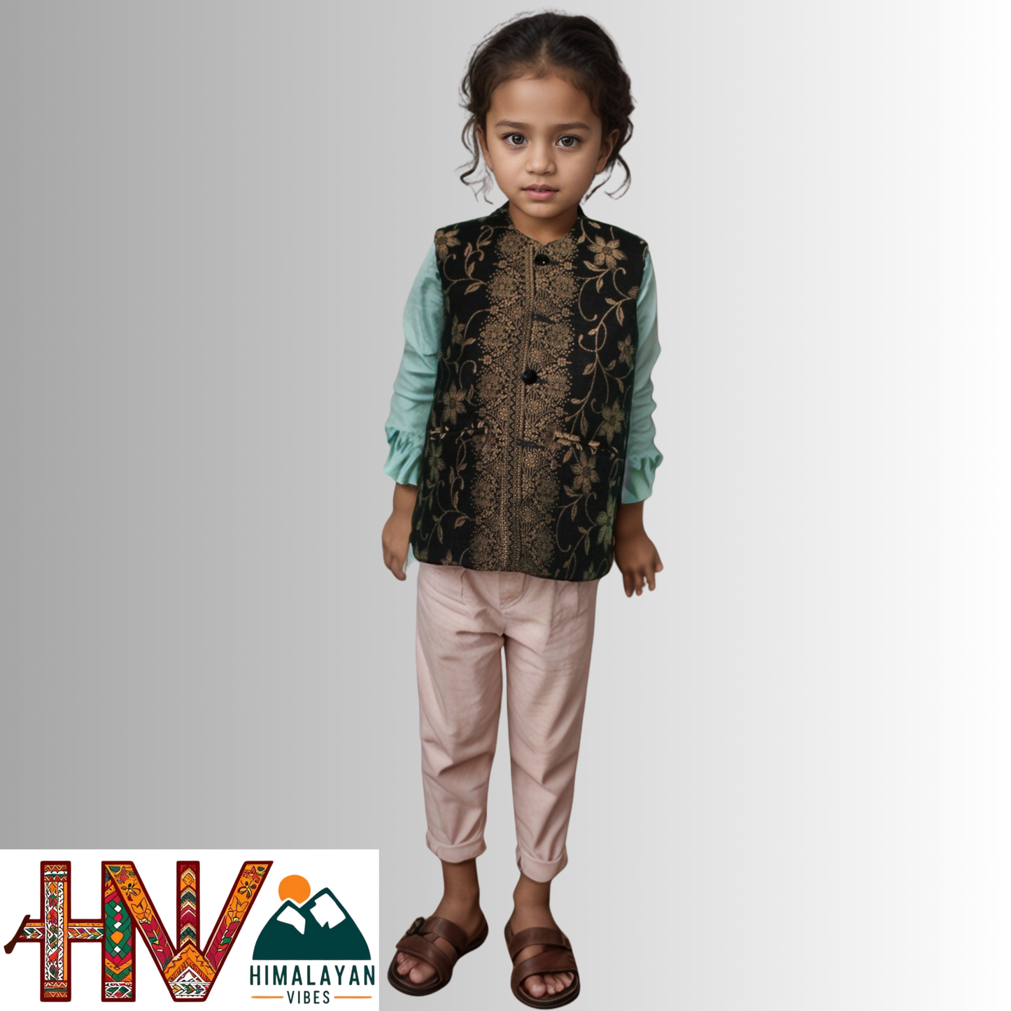 Authentic Mother-Daughter Black Shawl Fabric Sadri Combo with Flower pattern | Matching Floral Handloom Himachali Nehru Jacket Set