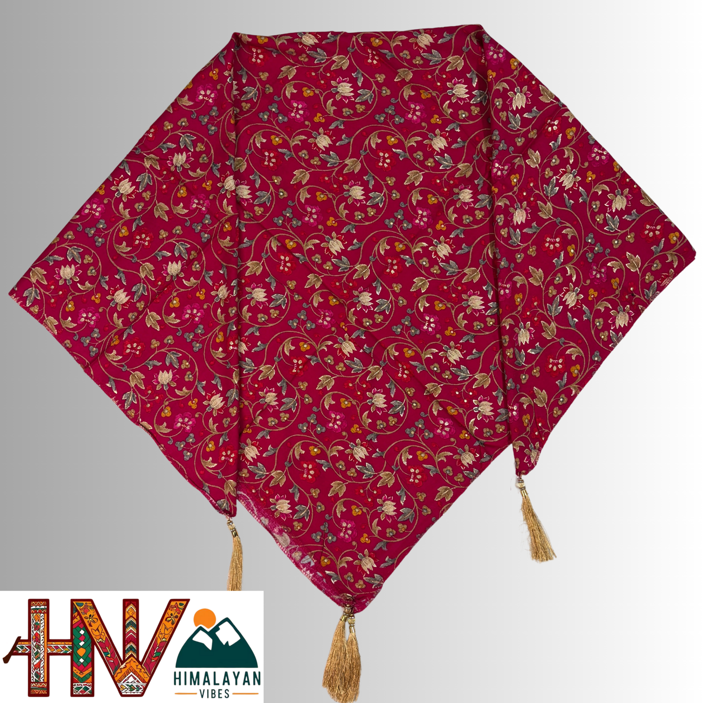 Himalayan Vibes Rani Pink Color Himachali Dhatu with Flower Print - Handcrafted Traditional Head Scarf from Himalayas