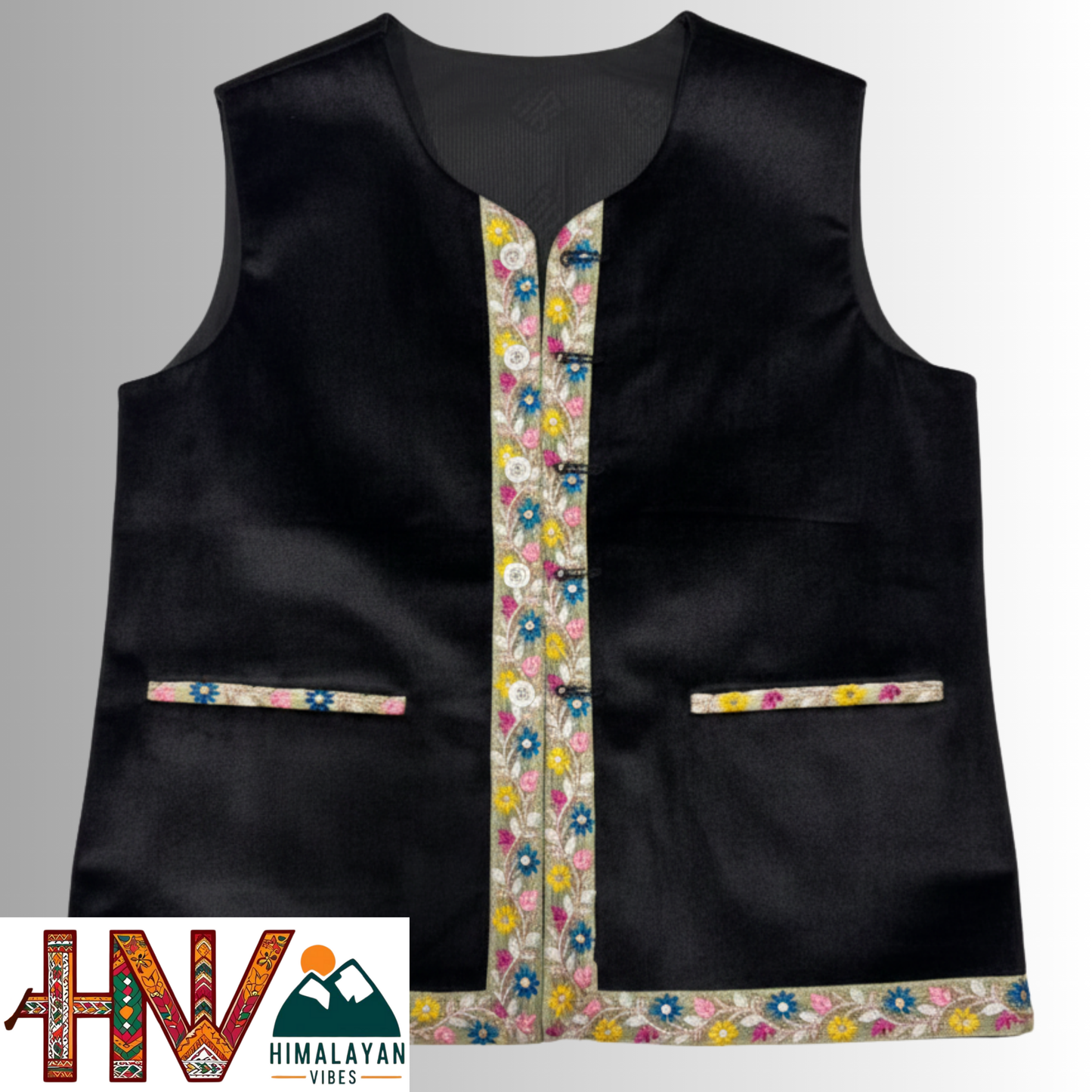Himachali Black Sadri with embroidered Lace for Women - Martin Fabric Ethnic Half Jacket with Pockets