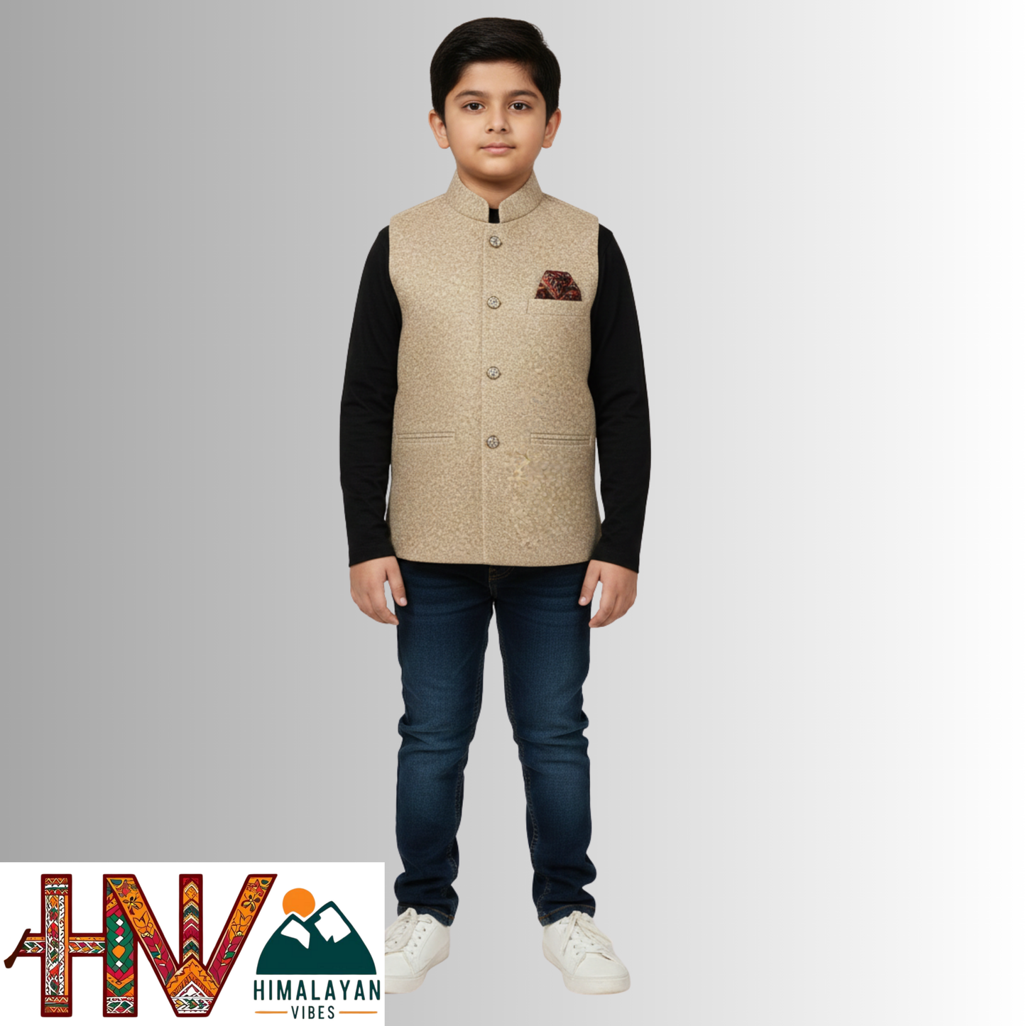 Boys Sleeveless Nehru Jacket in Martin Fabric – Handcrafted Himachali Wool Blend Ethnic Waistcoat with Pocket Square