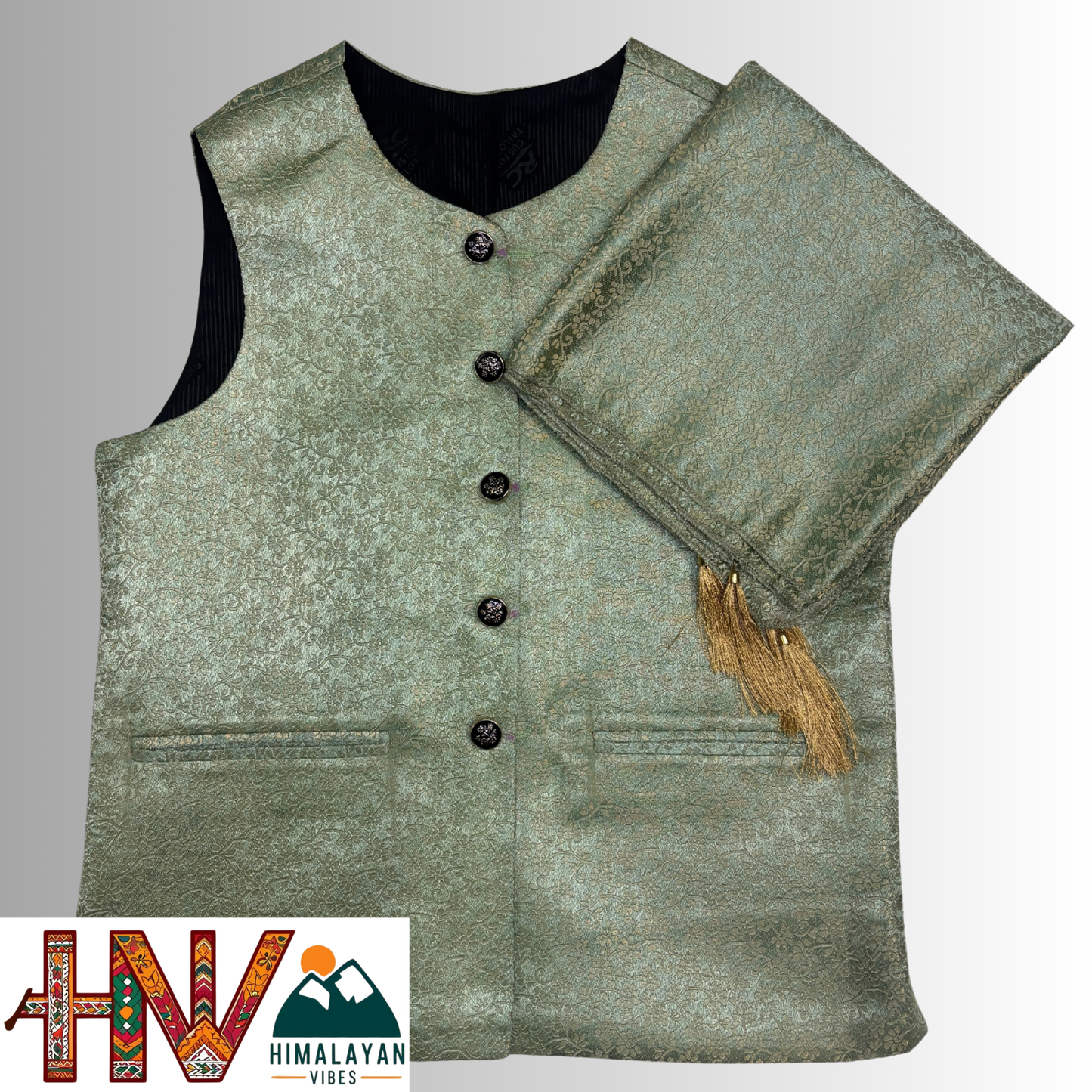 Himalayan Vibes Sea Green Brocade Sadri and Dhatu Combo