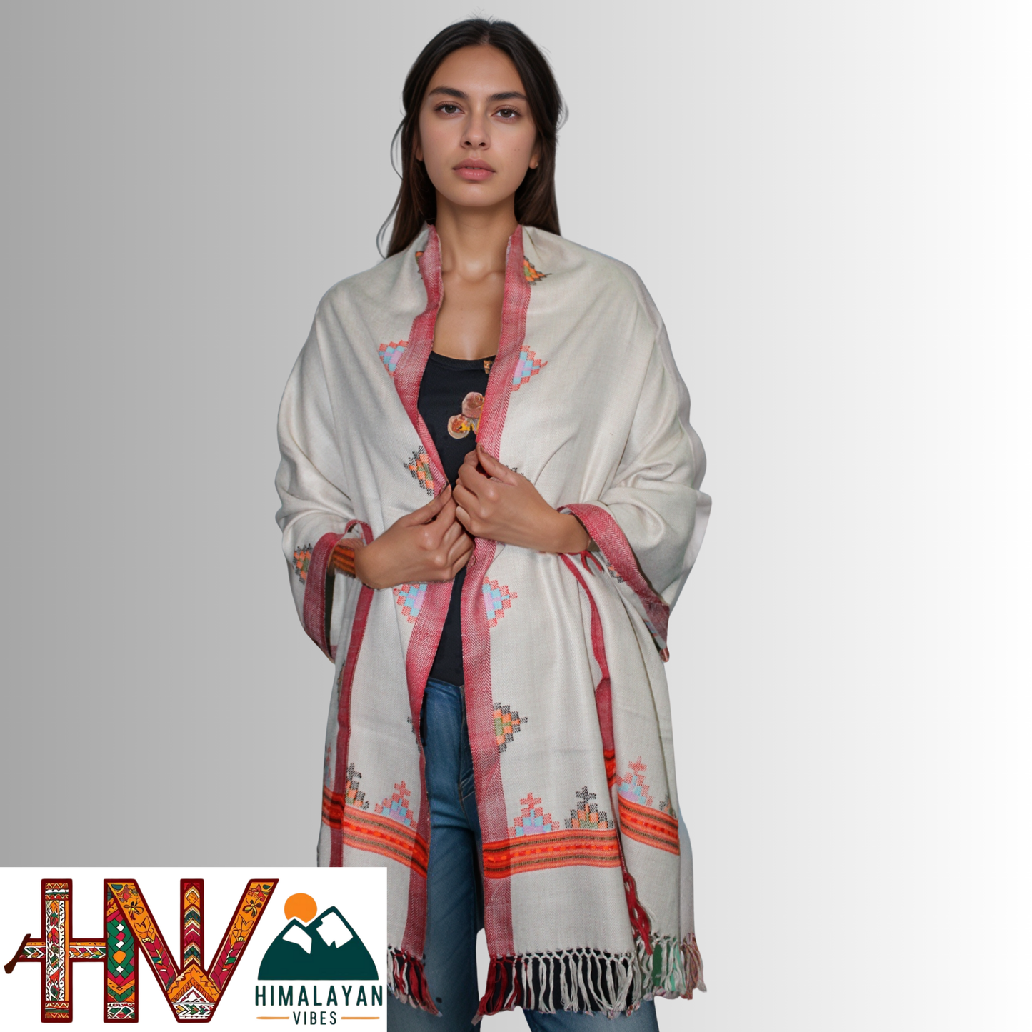 Handwoven cream Kullu Woolen Stole with Traditional Kullu Patti Geometric Motifs with red Border– Handwoven Elegance By Himalayan Vibes