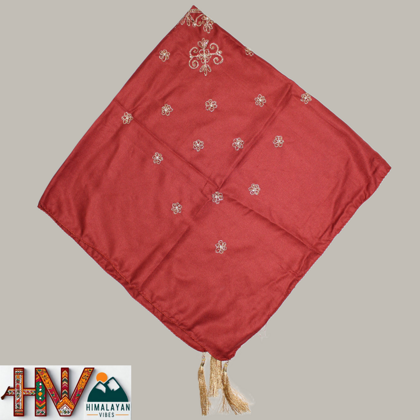 Handcrafted Himachali Rust Color Dhatu with Golden Embroidery – A Unique Embroidered Head Scarf
