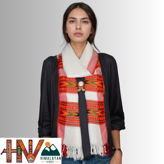 Handwoven white Kullu Woolen Stole with Traditional Kullu Patti Design in Vibrant Orange and Red Border– Handwoven Elegance By Himalayan Vibes