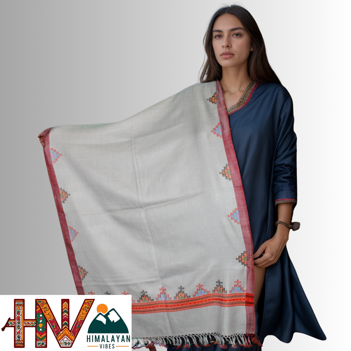 Handwoven cream Kullu Woolen Stole with Traditional Kullu Patti Geometric Motifs with red Border– Handwoven Elegance By Himalayan Vibes