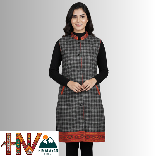 Himalayan Vibes Black Plaid Woolen Long Jacket with Kullu Patti Border