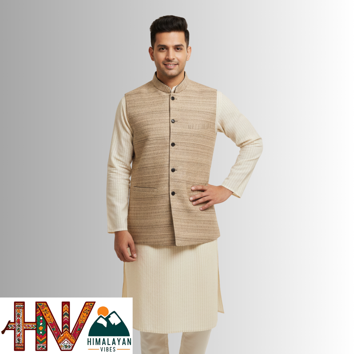 Handcrafted Himalayan Vibes Natural Beige Woolen Nehru Jacket for Men | Traditional Himachali Craft | Stylish Winter & Formal Wear
