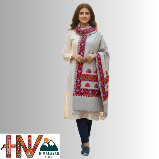 Handwoven cream Kinnauri Woolen Stole with Traditional Kinnauri Patti Geometric Motifs with red Border– Handwoven Elegance By Himalayan Vibes