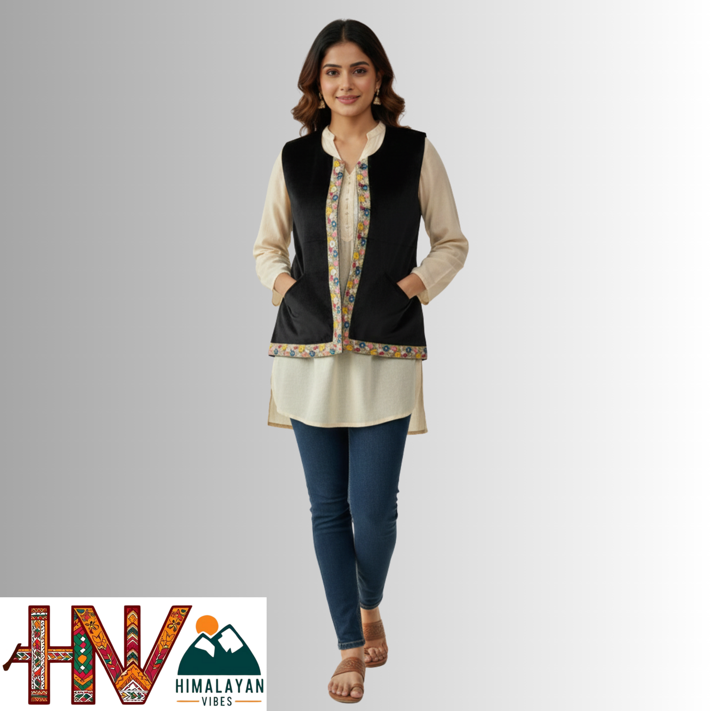 Himachali Black Sadri with embroidered Lace for Women - Martin Fabric Ethnic Half Jacket with Pockets