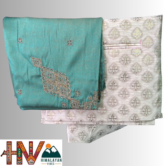 White brocade silk sadri & sea green embroidered dhatu combo