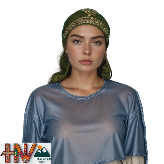 Handcrafted Himachali Olive Green Dhatu with Golden Embroidery – A Unique Embroidered Head Scarf