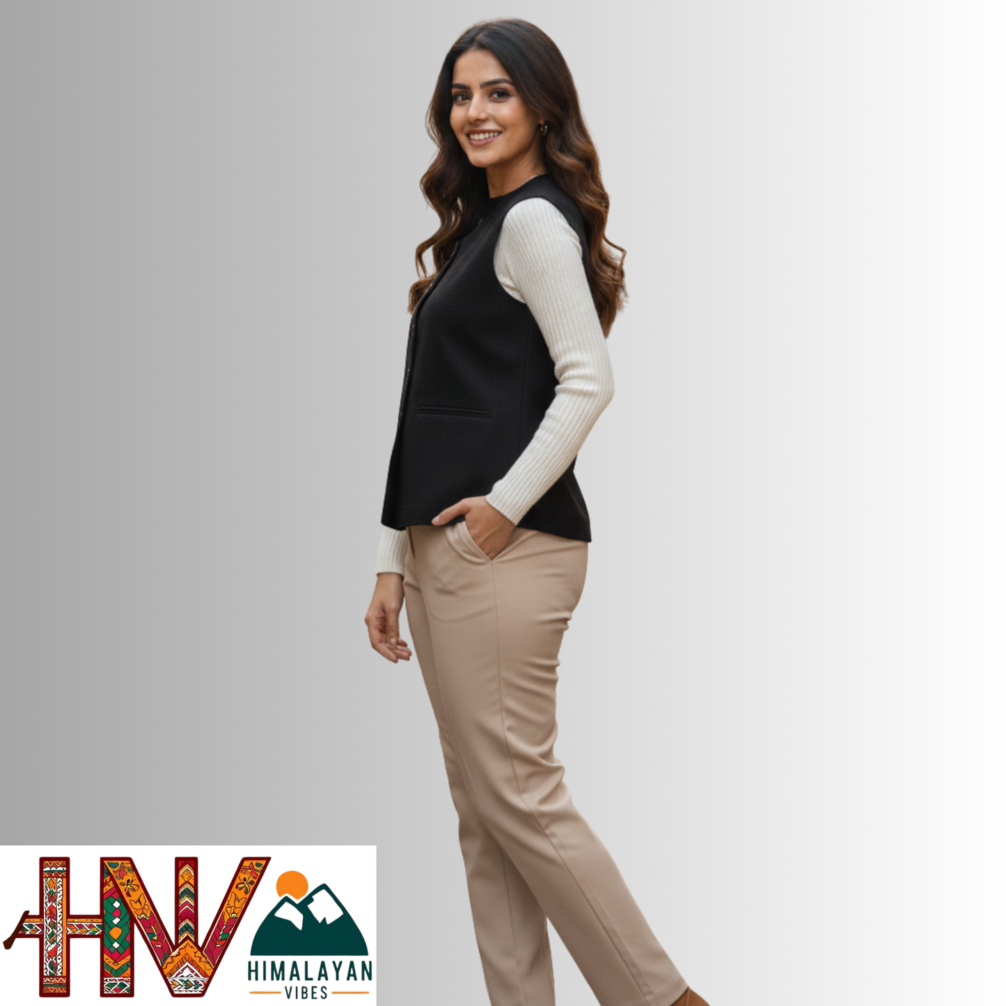 Himalayan Vibes Women's Plain Black Pashmina Mix Sleeveless Sadri