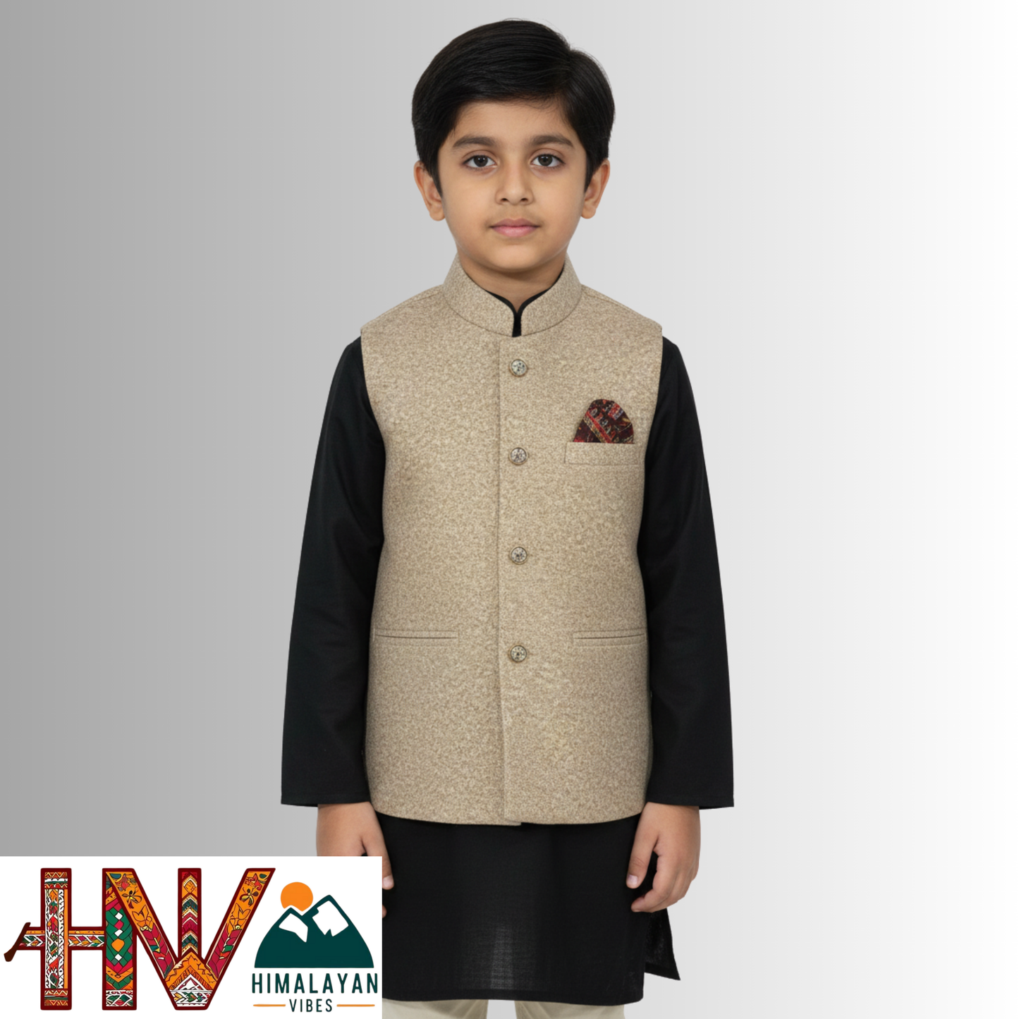 Boys Sleeveless Nehru Jacket in Martin Fabric – Handcrafted Himachali Wool Blend Ethnic Waistcoat with Pocket Square