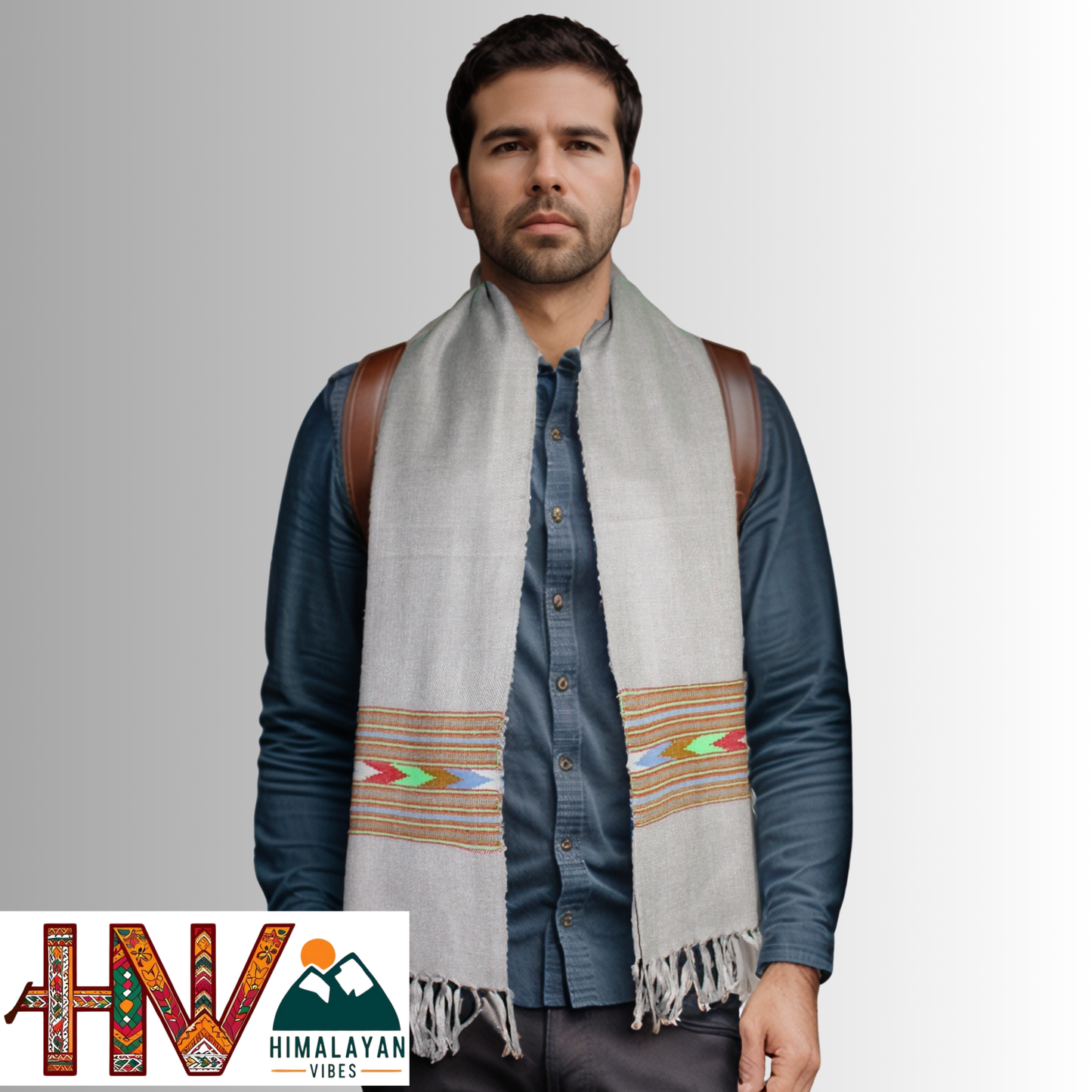 Traditional Kullu Patti Design Wool Muffler | Smoky Lavender Handloom Scarf with Vibrant Geometric Strip By Himalayan Vibes