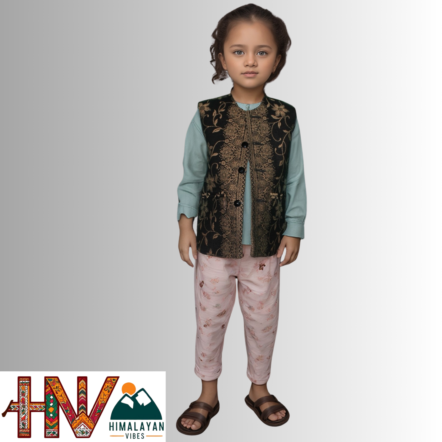 Authentic Mother-Daughter Black Shawl Fabric Sadri Combo with Flower pattern | Matching Floral Handloom Himachali Nehru Jacket Set