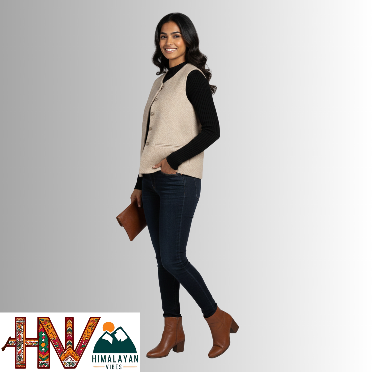 Himachali Plain Cream Sadri  for Women - Martin Fabric Ethnic Half Jacket with Pockets