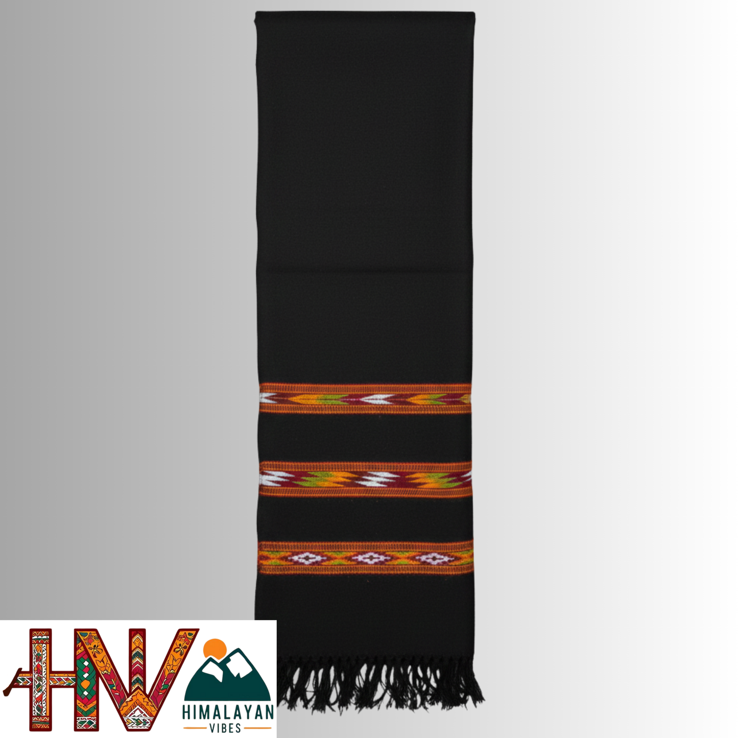 Handwoven Black Woolen Muffler | Triple Kullu Patti Traditional Geometric Design By Himalayan Vibes