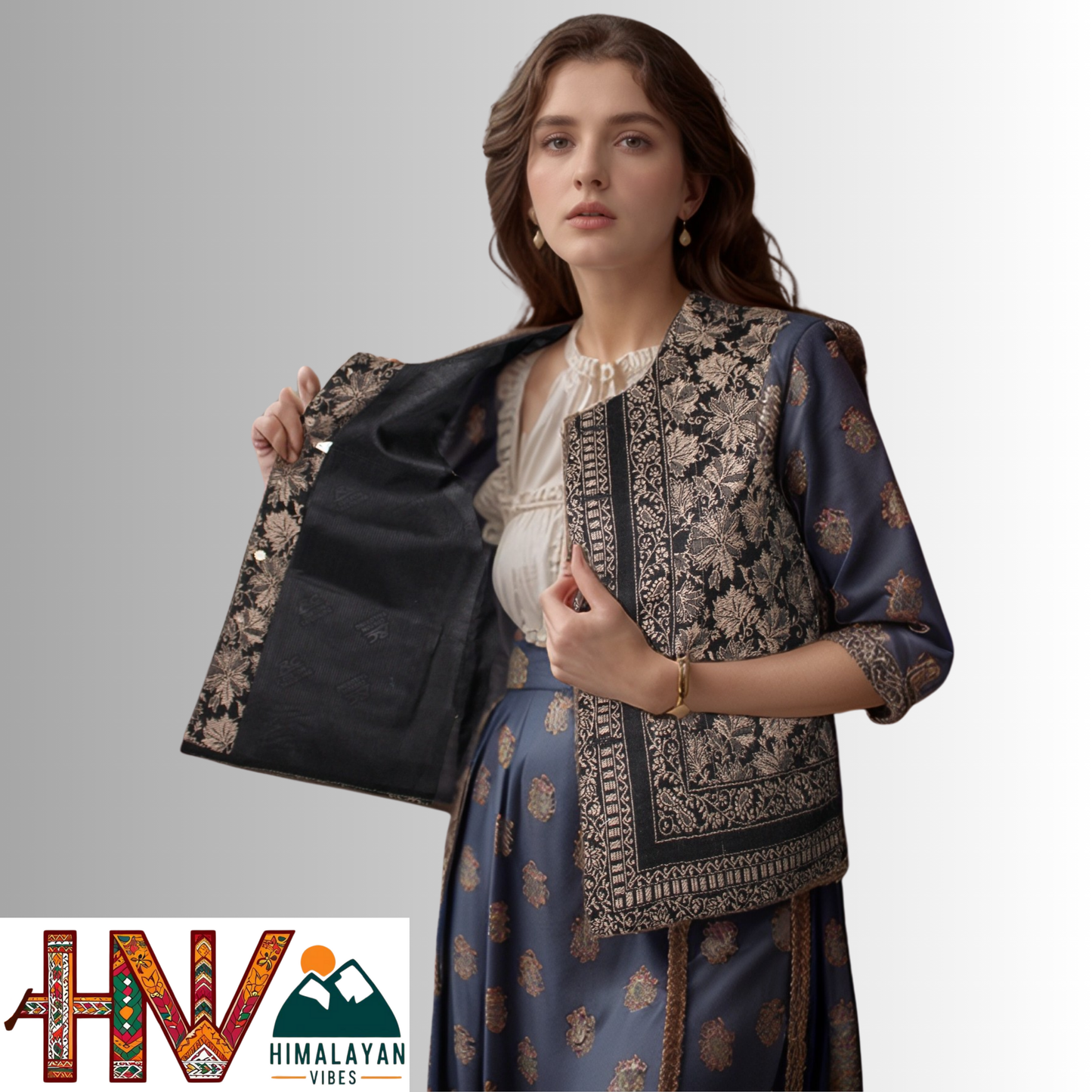 Women Pashmina Blend Black Color Himachali Sadri with Leaf pattern – Traditional Waistcoat by Himalayan Vibes