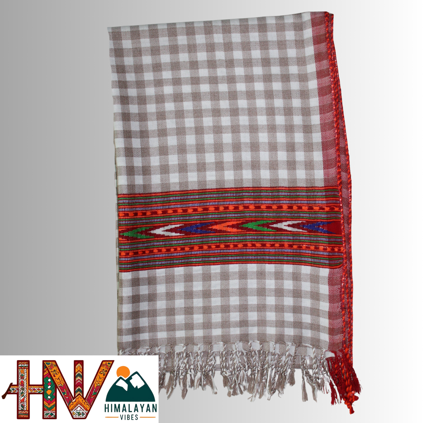 Handwoven White & Grey Checked Wool Stole – With Kullu Patti Border By Himalayan Vibes