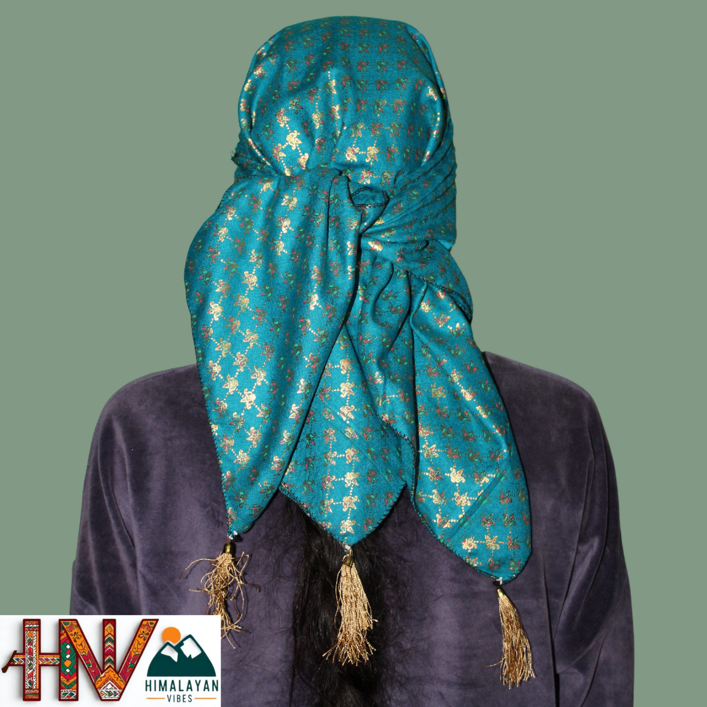 Alpine Cyan Color Printed  Himachali Dhatu - Handcrafted Traditional Head Scarf from Himalayas