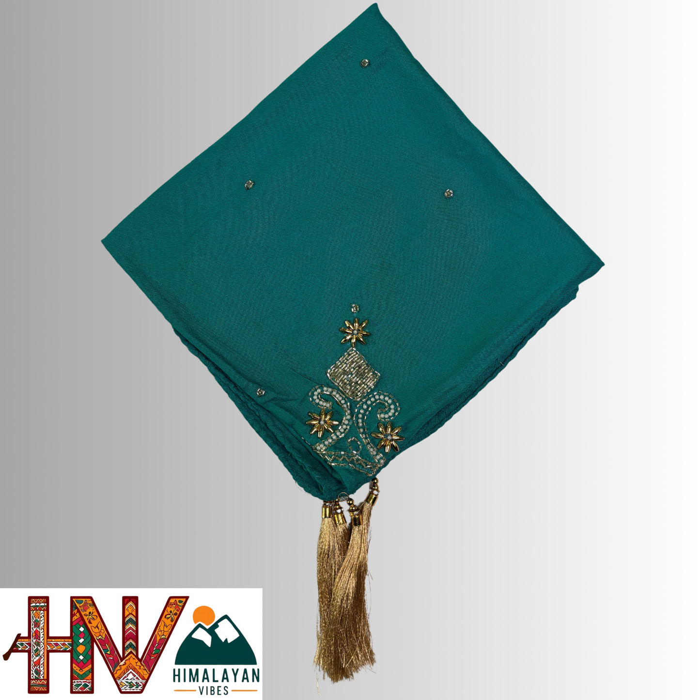 Handcrafted Himachali Teal Dhatu with Gold Embroidery – A Unique Embroidered Head Scarf