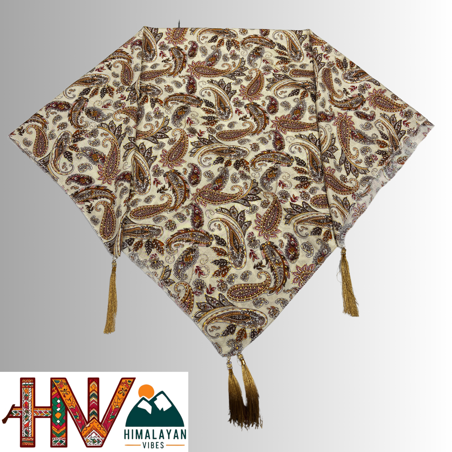 Himalayan Vibes Rayon Cream Color Himachali Dhatu with Multicolor Print - Handcrafted Traditional Head Scarf from Himalayas