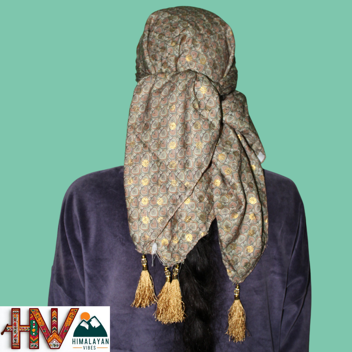 Alpine Grey Color Printed Gold  Himachali Dhatu - Handcrafted Traditional Head Scarf from Himalayas