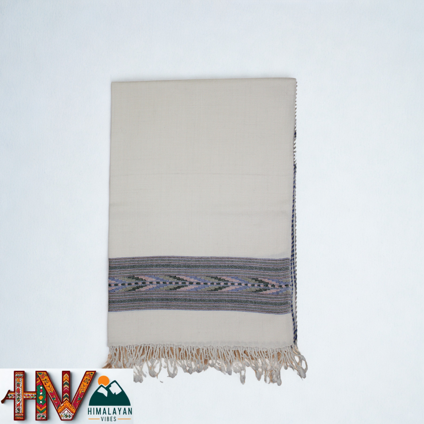 Handwoven Himalayan White Wool Stole – Green & Blue Striped with Geometric Motif Border