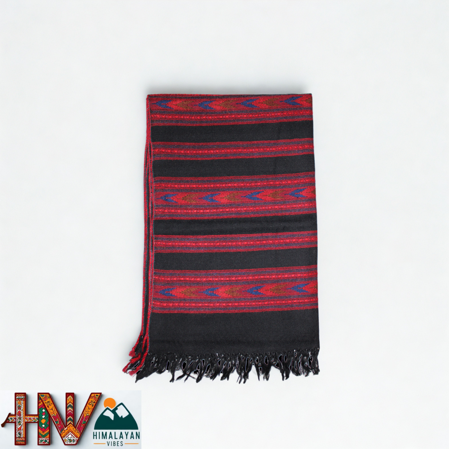 Handwoven Himalayan Black Wool Stole – Red & Blue Striped with Geometric Motif Border