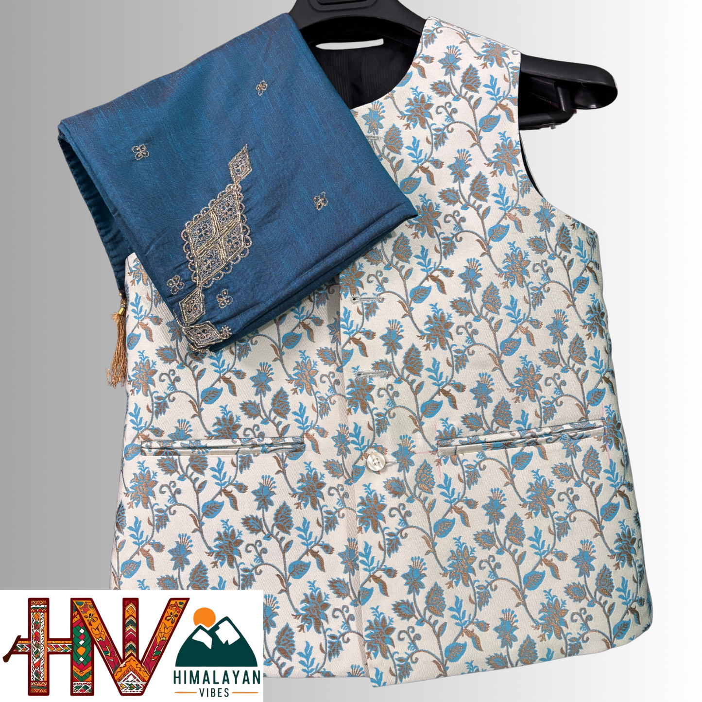 Himalayan Vibes White Brocade Sadri with Sky-blue Pattern and Teal Blue Embroidered Dhatu Combo.