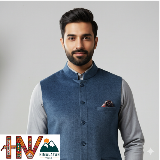 Trendy Sleeveless Blue Martin Jacket – Handcrafted in Himachal Pradesh | Occasion & Party Wear